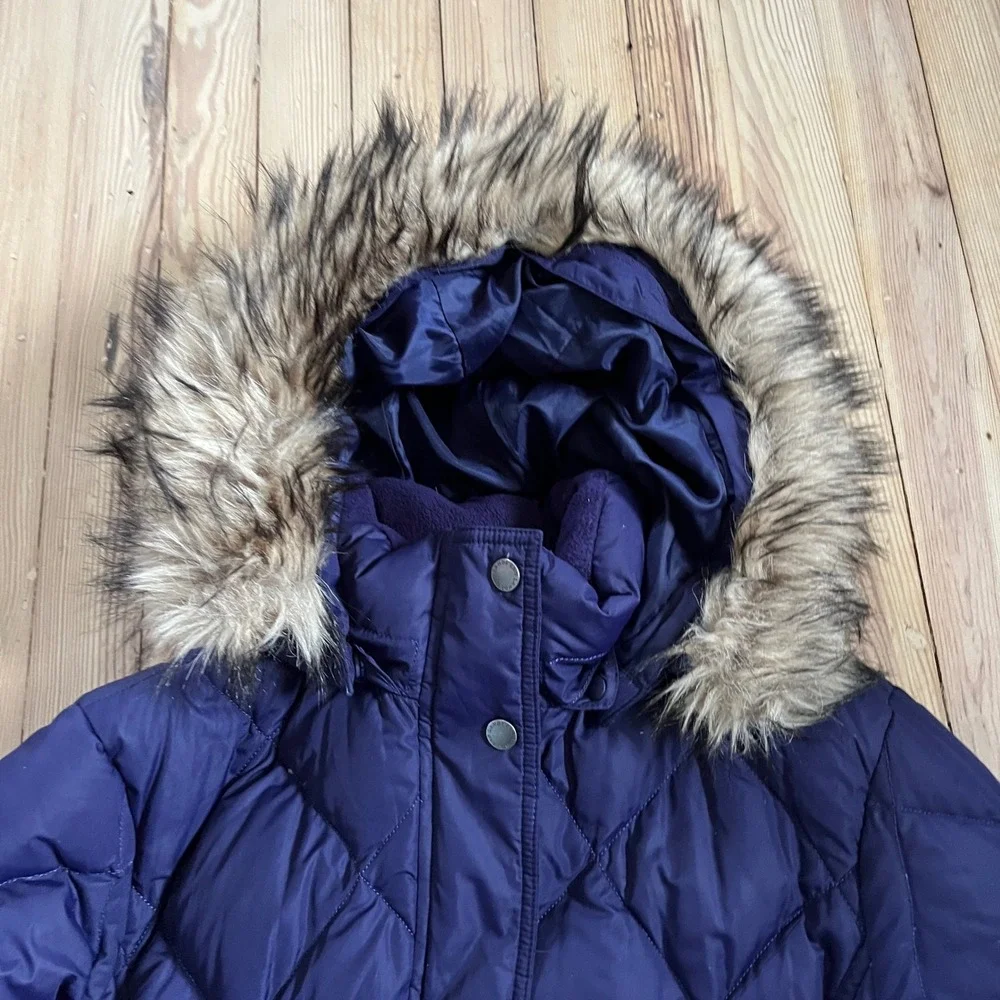 Lands End Women L Purple‎ Diamond Quilted Down Puffer Jacket Faux Fur Hood Lined